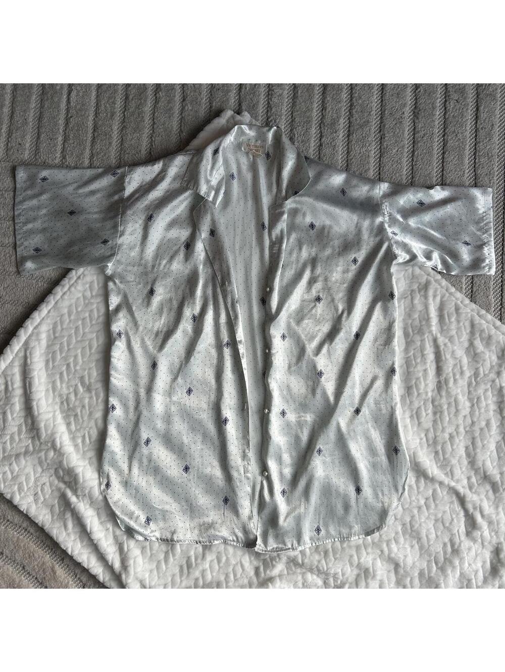 Victoria's Secret white satin button-up shirt with small dark blue diamond print